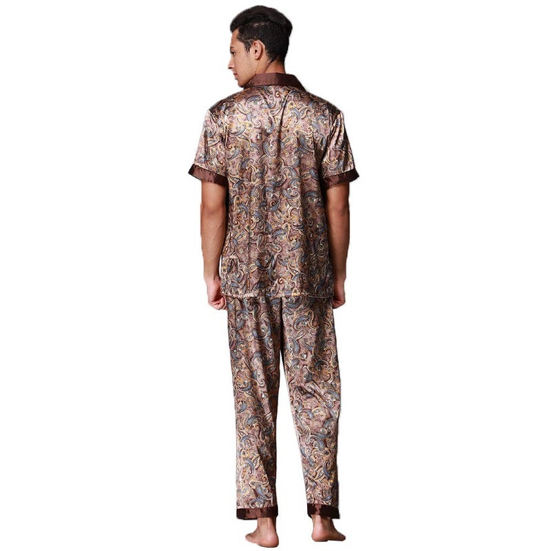 ZUEVI Men's Silk Satin Short Sleeve Pajamas Set Dragon Pattern Loungewear Button Down Pjs Set for Men(Coffee-L) - Image 2